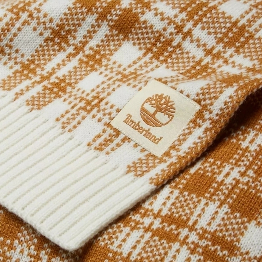 Timberland Wheat Mustard Yellow White Plaid Knit Acrylic Scarf Unisex - Picture 6 of 12